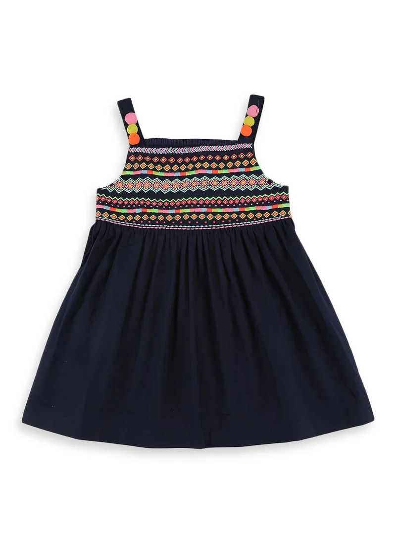Nautinati Girls' 100% Cotton Multicolour Geometric Embroidered Fit & Flare Dress